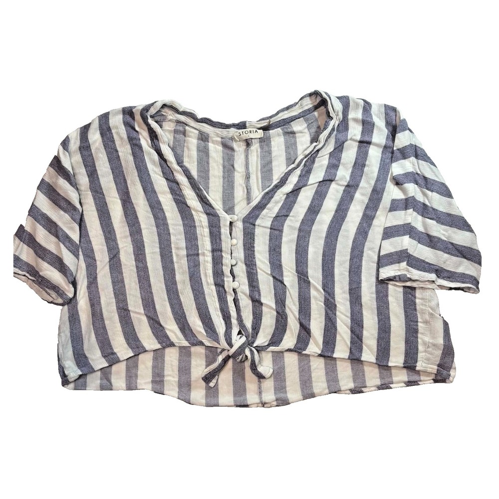 Gorgeous Womens Storia Striped Tie-Front Crop Top – Size Large white blue